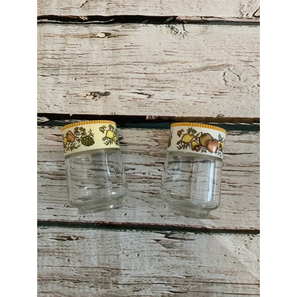 Vintage Gemco Glass Spice Jars Yellow Harvest Fruit Vegetable Shaker Set USA
